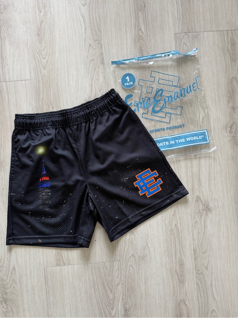 Eric Emanuel Black Mesh Shorts with Orange EE Patch